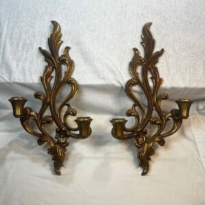 Vintage Syroco Gold Wall Sconces Hollywood Regency Scroll Candle Holders Pair